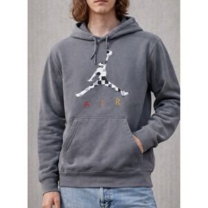 Air Jordan Jumpman Hoodie Gray Checkered Logo Pullover Sweatshirt Men's Small